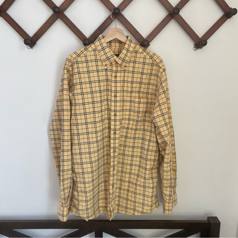 Eddie Bauer Men's Yellow and Black Plaid Shirt Size Tall Large Button Down
